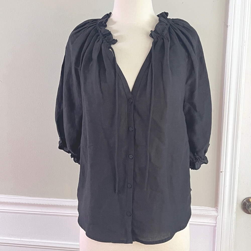 Antonio Melani Blouse S Women High End Quality Linen Blend Peasant Black Luxury